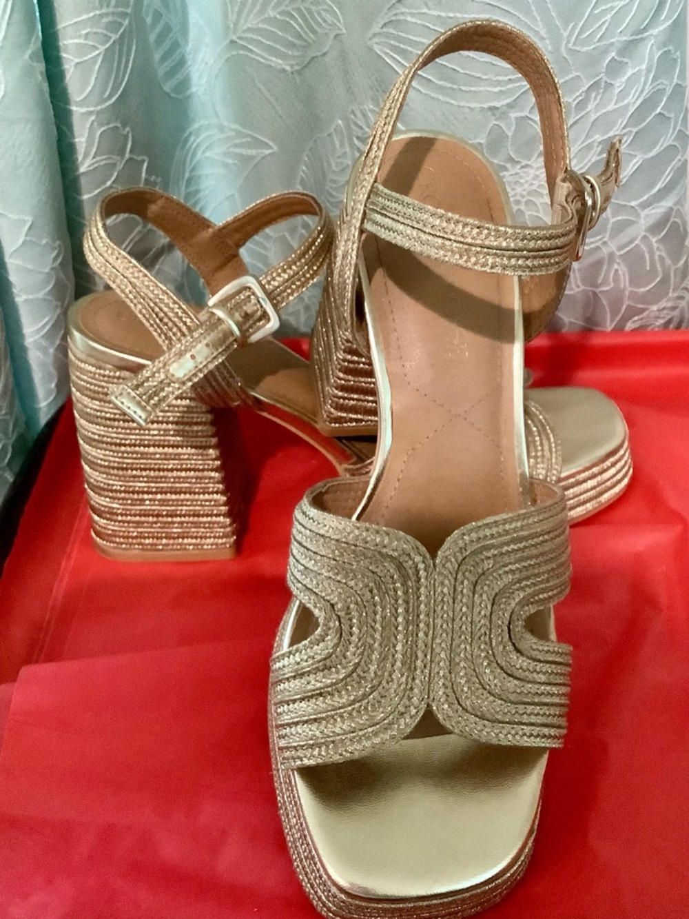 Crown Vintage Gold Braided Block Heel Sandals